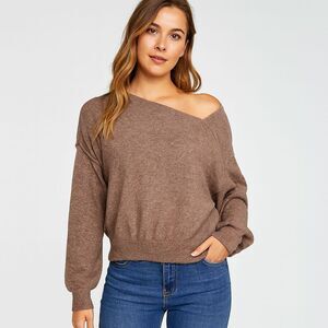Off Shoulder Slouchy Pullover Sweater Mauve Balloon Sleeve Böhme L